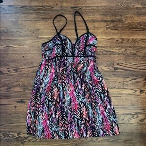 Xhilaration Colorful Leaf-Print Sundress with Black Accents